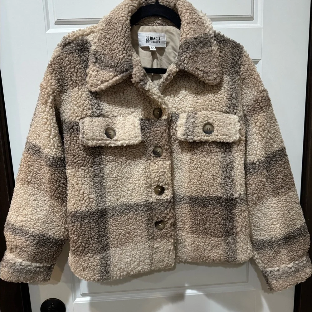 BB Dakota Cream and Brown Teddy Jacket - Plaid to See You